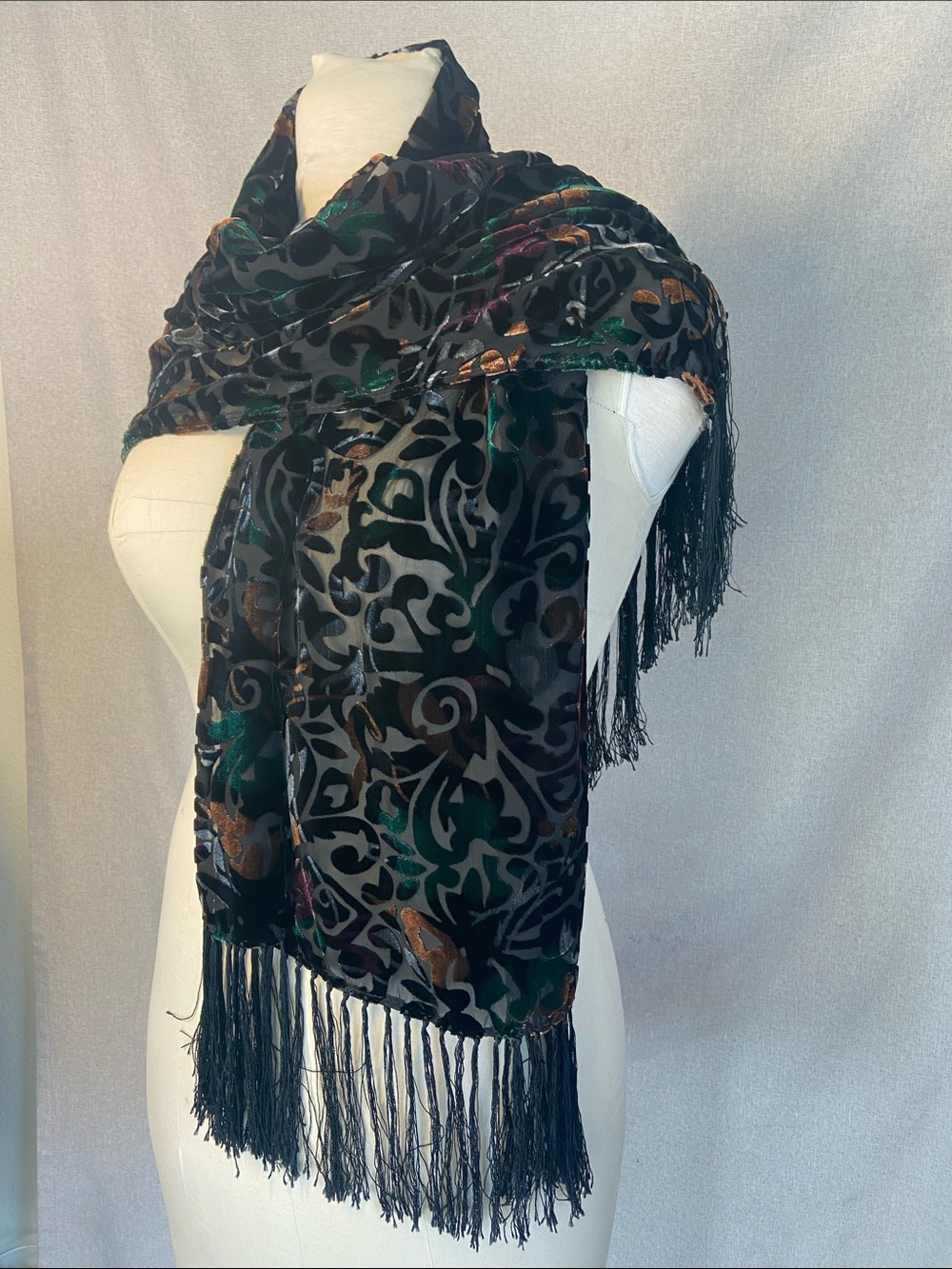 Black Velvet Burnout Floral Fringe Scarf with Multicolor Accents.